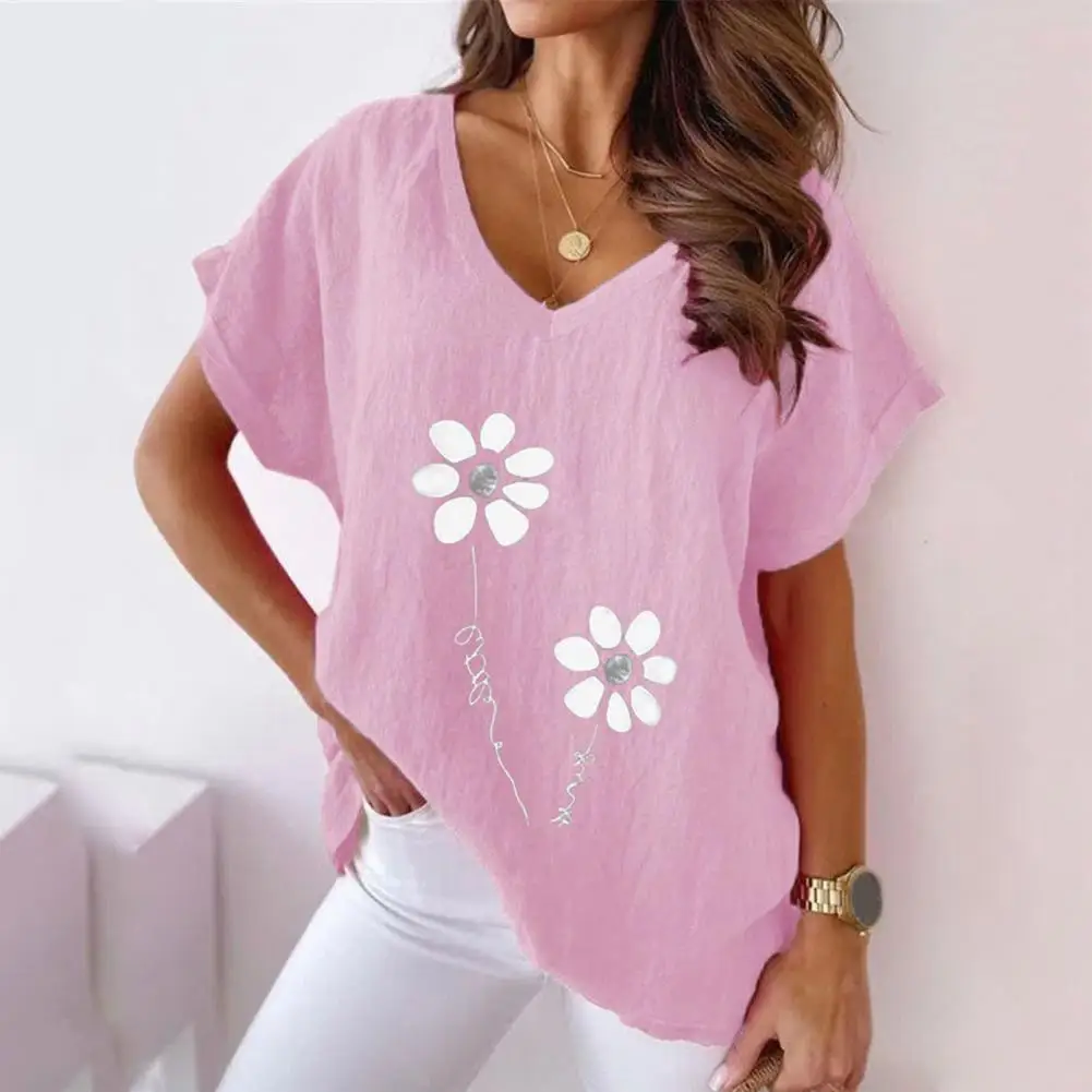 

Женская летняя футболка, женская футболка с цветочным принтом и V-образным вырезом, летняя футболка, мягкий дышащий Топ средней длины для женщин, пуловер свободного кроя