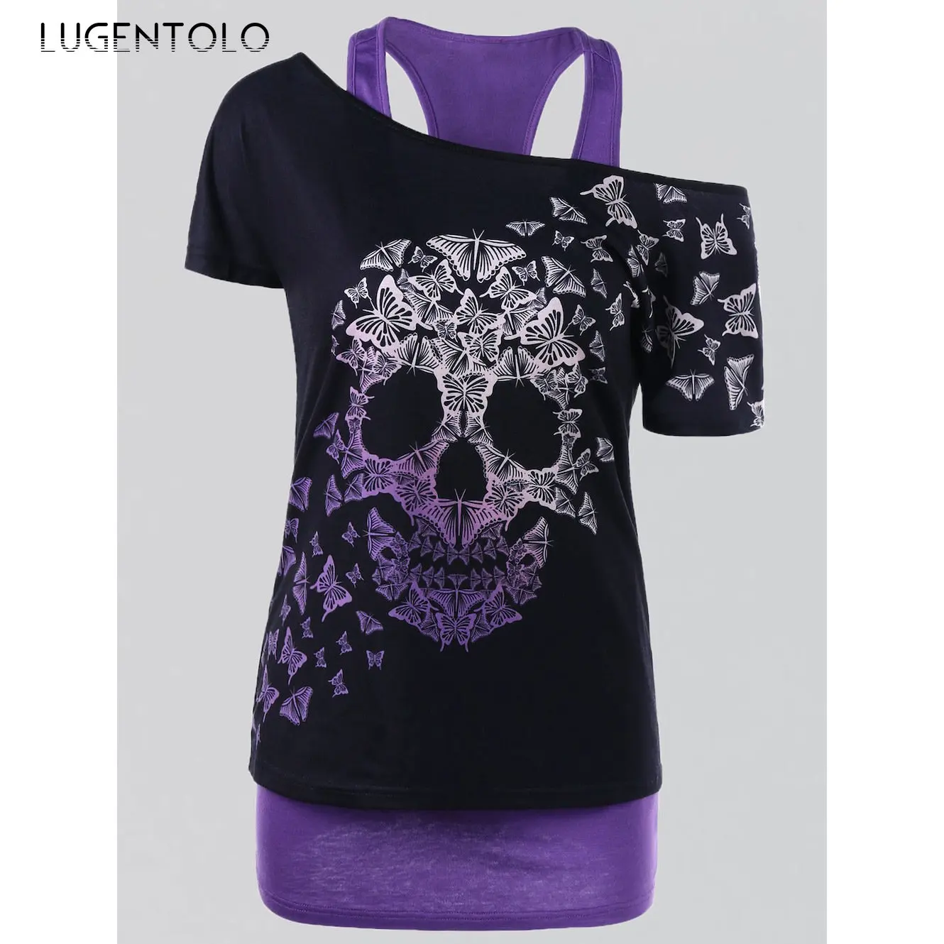 

Женская майка с принтом черепа Lugentolo, модная майка с диагональным воротником, летний топ с коротким рукавом, Повседневный пуловер большого размера, футболки