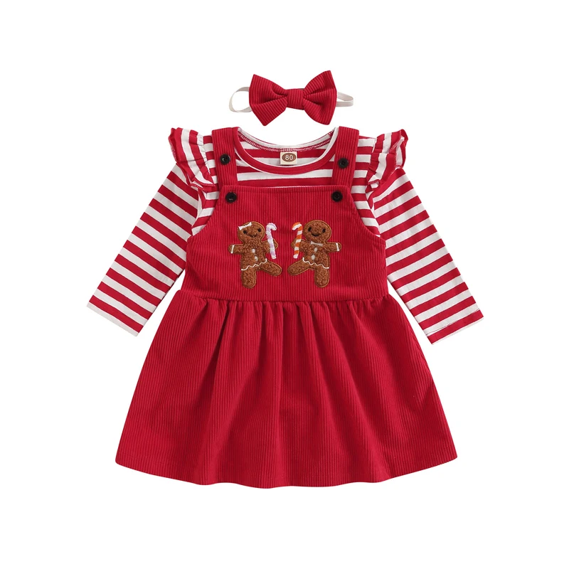 Infant Girl Christmas Stripe Print Long Sleeves Round Neck Ruffle Romper + Gingerbread Man Embroidered Bib Dress