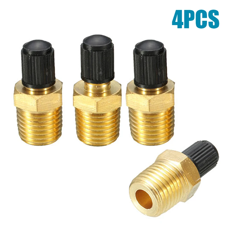 

4Pcs 1/4" NPT MPT Tank Fill Valves Solid Brass With Core Black Plastic Cap Air Compressor Tank Fill Valve For Air Compressor