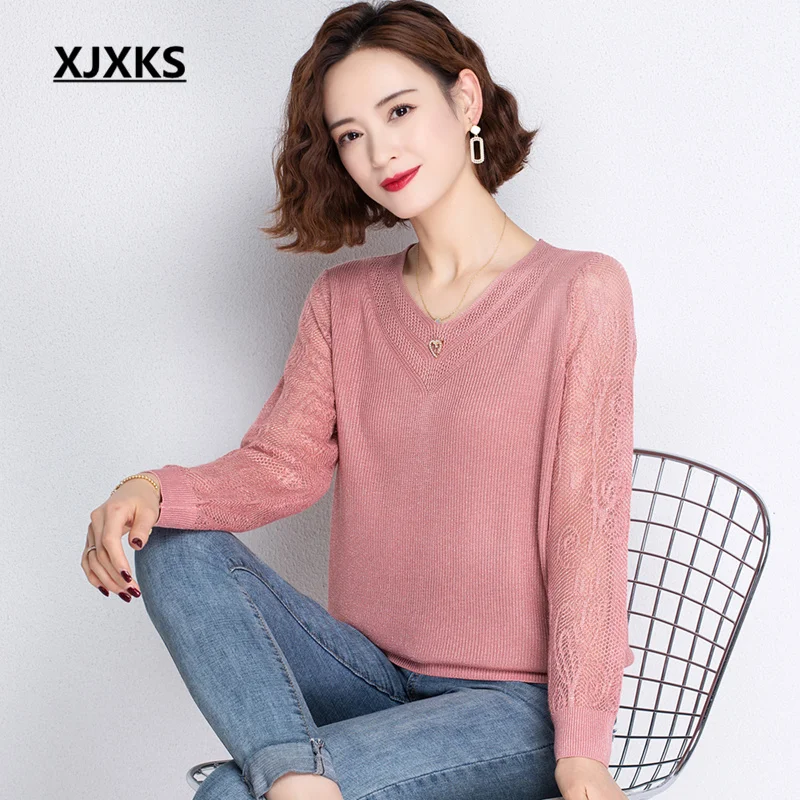 

Модный женский свитер XJXKS с V-образным вырезом и длинными рукавами, осень 2022, новейший шерстяной вязаный пуловер, женские свитера, Женский Топ