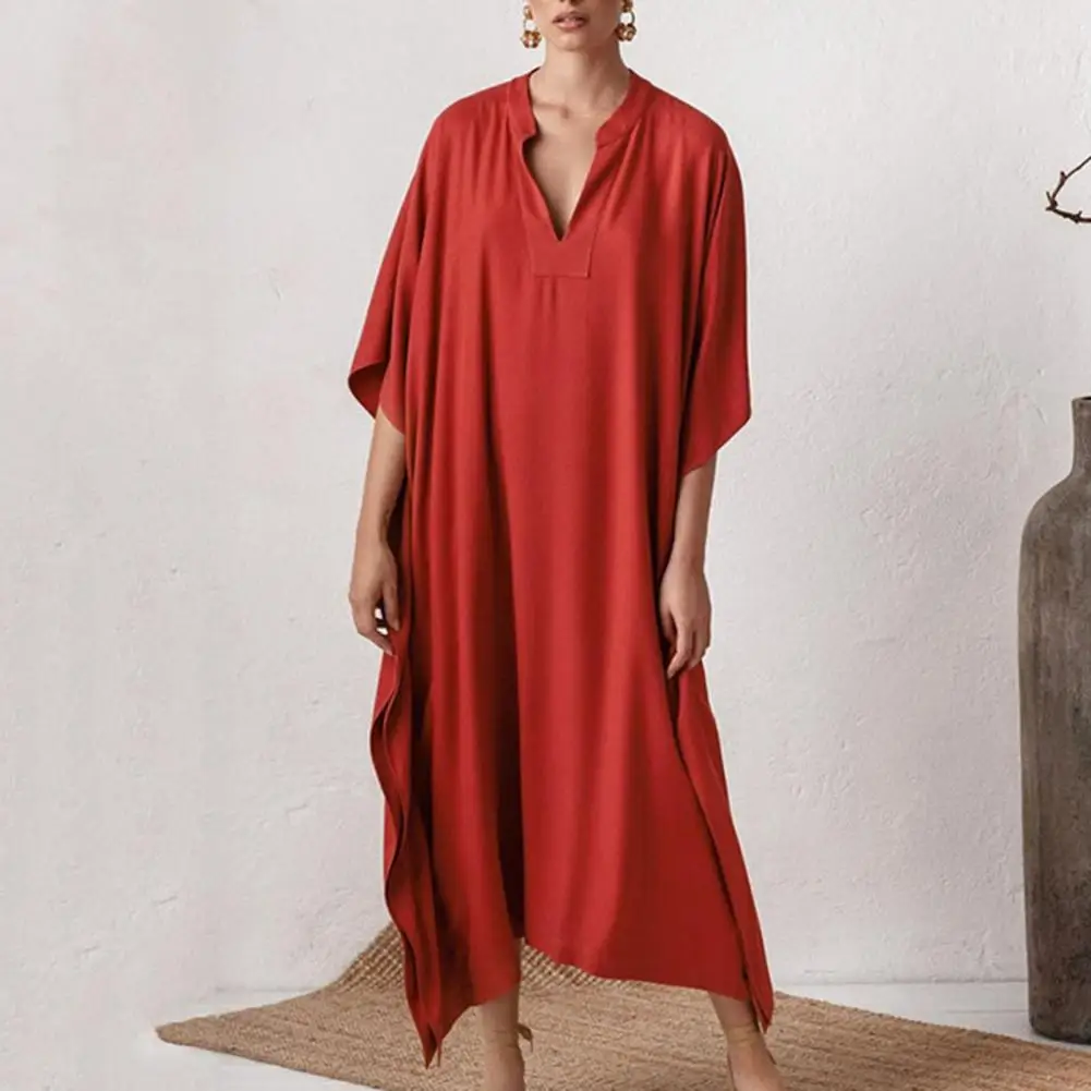 

V-neck Swimsuit Cover Up Solid Color Loose Half Sleeves Beachwear Elegant Swimwear Women Kaftan Beach Dress купальник женский