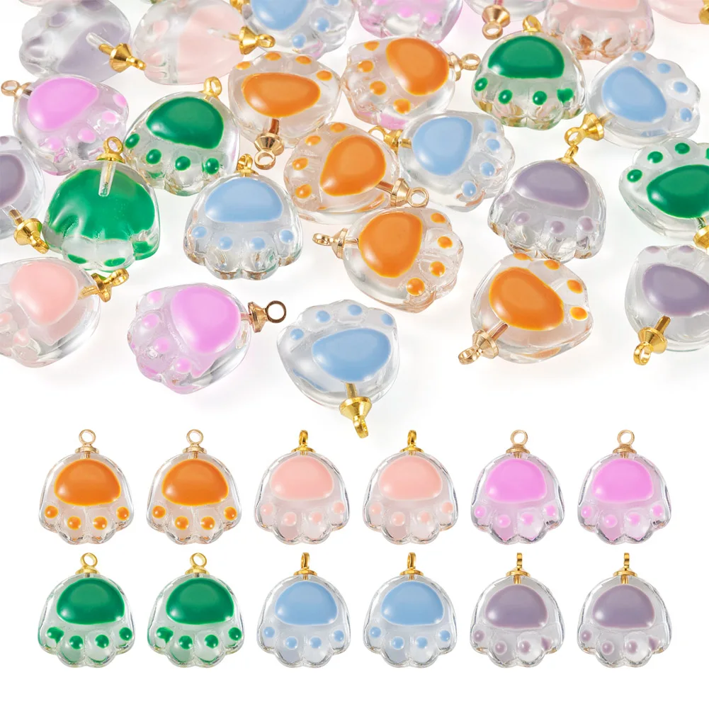 

Pandahall 36Pcs 6 Colors Cat Paw Print Transparent Glass Enamel Pendants Charms With Alloy Findings For Necklace Jewelry Making