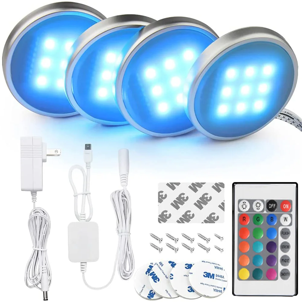 RGB Under Cabinet Lighting Remote Control LED Puck Light Wired Multi Colorful Dimmable Adaptor Powered Indoor Lighting Wall Lamp