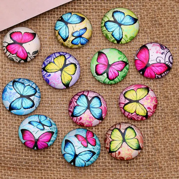 

Hot Sale 24pcs 12mm 14mm 16mm Butterfly pattern Round Handmade Photo Glass Cabochons & Glass Dome Cover Pendant Cameo Settings