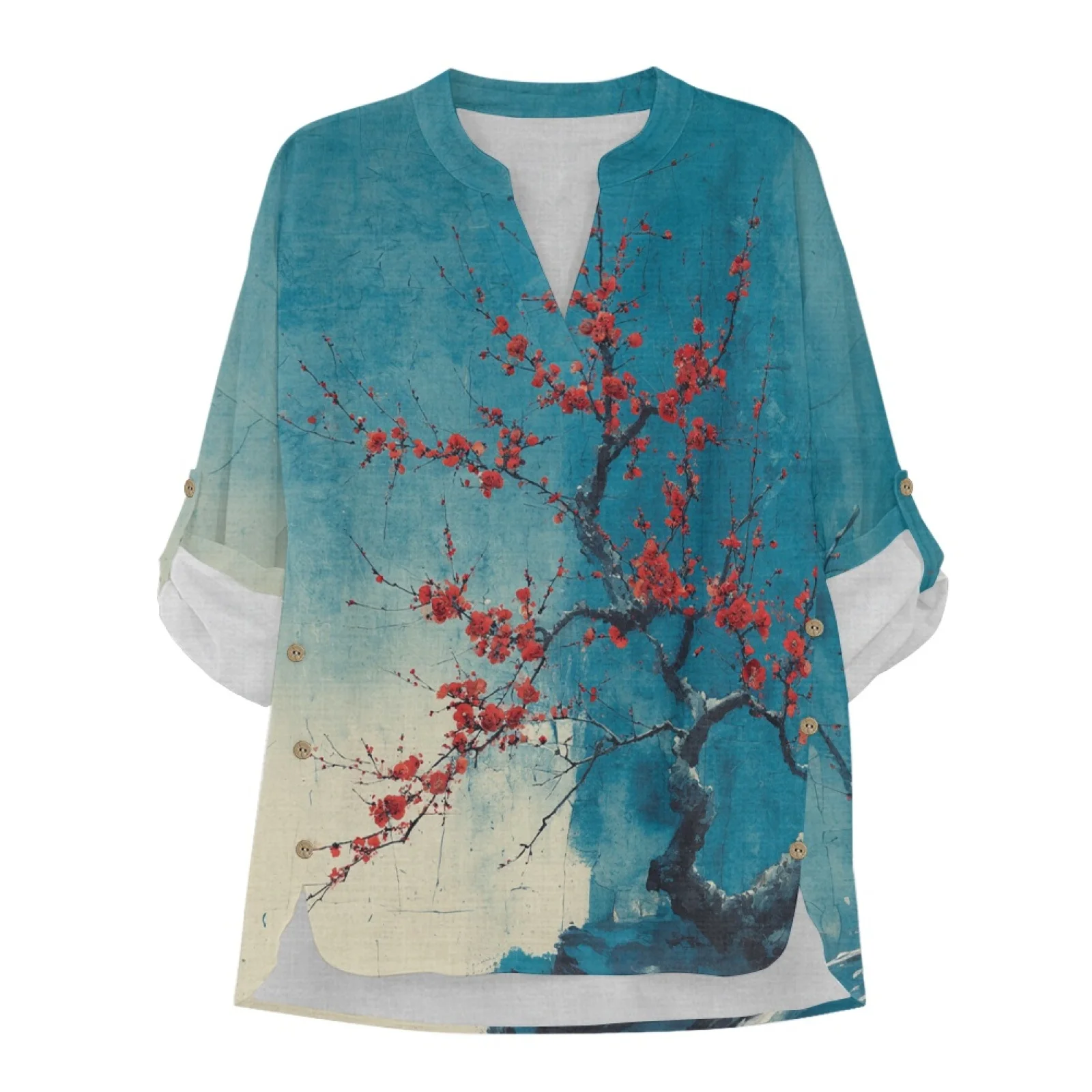 Фото Женская блузка PENSTROLL Red Blossom Tree из ткани, имитирующей лен, для пляжного отдыха, с боковым разрезом по краю, пляжные топы, женские топы с длинным рукавом. №4