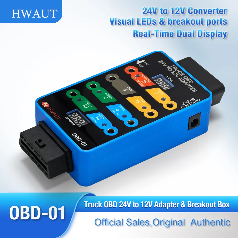 Фото HWAUT Truck OBD2 24 В-12 В адаптер коммутационная коробка с двойным светодиодным дисплеем напряжения и тока детектор сигналов для тяжелого сканера №1