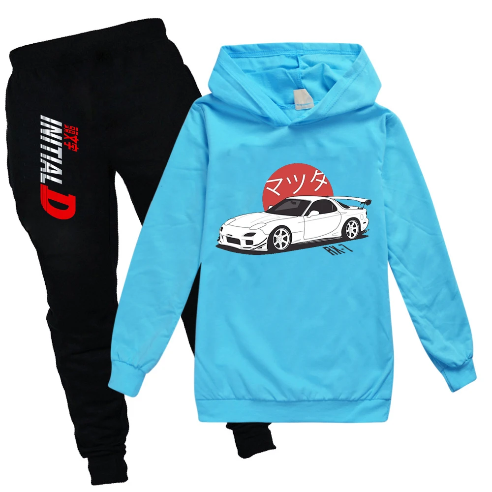 Initial D Hoodie Kids Japanese Anime Autumn Spring Sweatshirt Girls/Boys Graphic Clothing Set Long Sleeve Suit Casual Tops 2-15Y