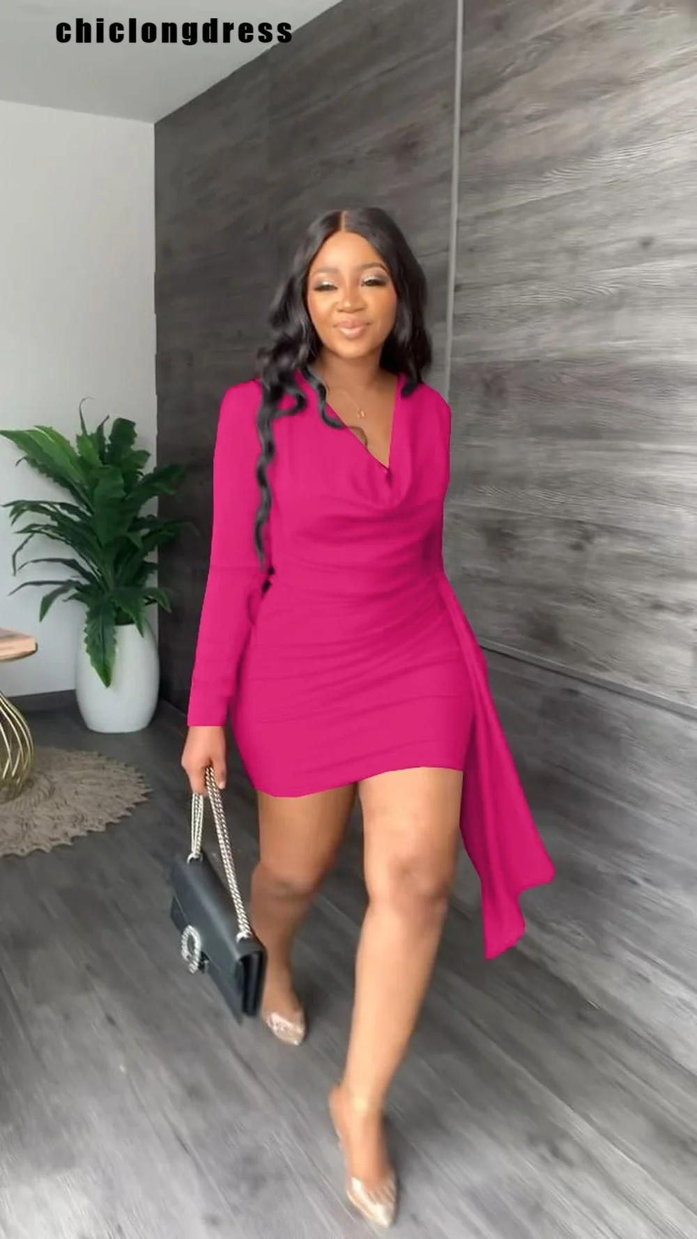 

Autumn Irregular Party Dress Women Fashion Sexy Solid V-neck Long-sleeved Slim Dress Women