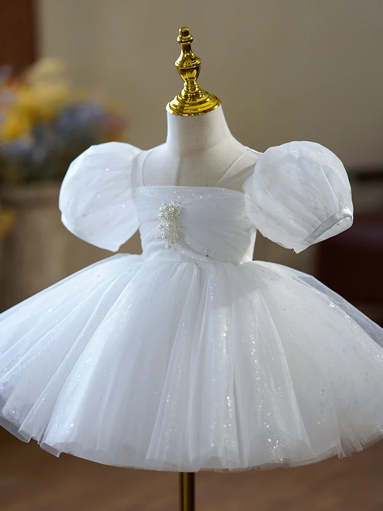 

2023 Princess Dresses for Girls Toddlers First Birthday White Beading Ball Gown Infants Baptism Clothes Children Elegant Dresses