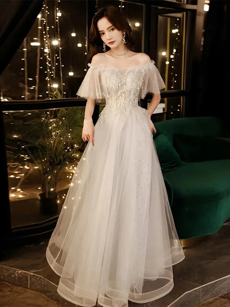 

Dress Female Spring Summer French Solid Color Sequin Square Collar Short Sleeve Long A-line Skirt Elegant Women's Clothing A047