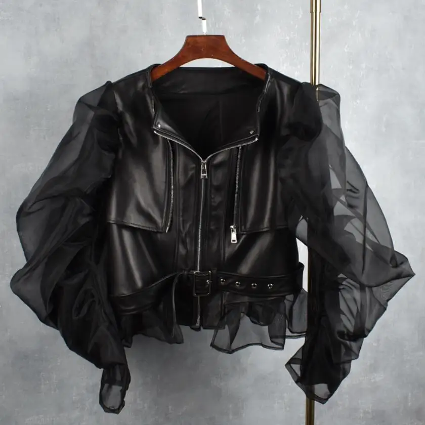 Short Genuine Real Leather Jacket Women Fashion Patchwork Organza Puff Sleeves Sheepskin Leather Coats Female Outwear Y3073