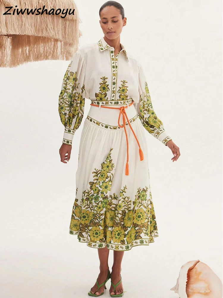 

Женский дизайнерский льняной костюм, подиумная Свободная рубашка с длинным рукавом-фонариком и длинная юбка с принтом, весна