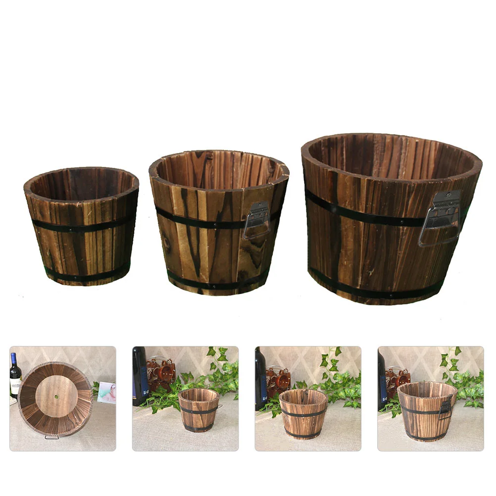 

3 Pcs Wooden Bucket Flowerpot Multifunctional Large Round Planter Vase Succulent Creative Carbonized Country Home Decor