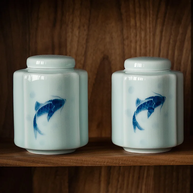 

Blue and White Porcelain Tea Can Carp Jewelry Cotton Swab Bottle Ceramic Storage Tea Jar Exquisite Household Mini Candy Nut Box