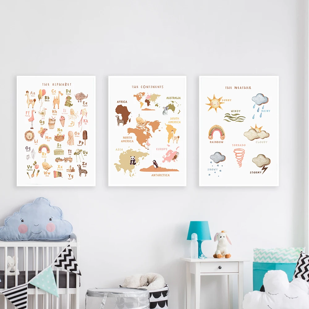 

Alphabet Numbers ABC Weather Map Time Education Posters Prints Nursery Wall Art Canvas Painting Nordic Pictures Kids Room Decor