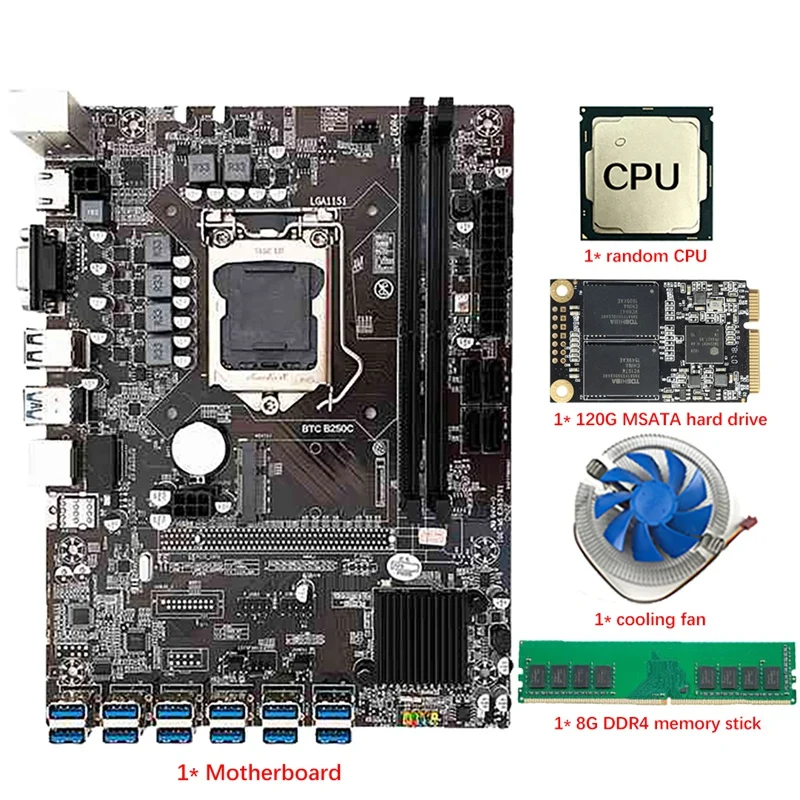 

B250C 12 USB3.0 Mining Motherboard With Random CPU+FAM+120G MSATA SSD+DDR4 8G RAM LGA1151 DDR4 SATA3.0+MSATA+VGA For BTC