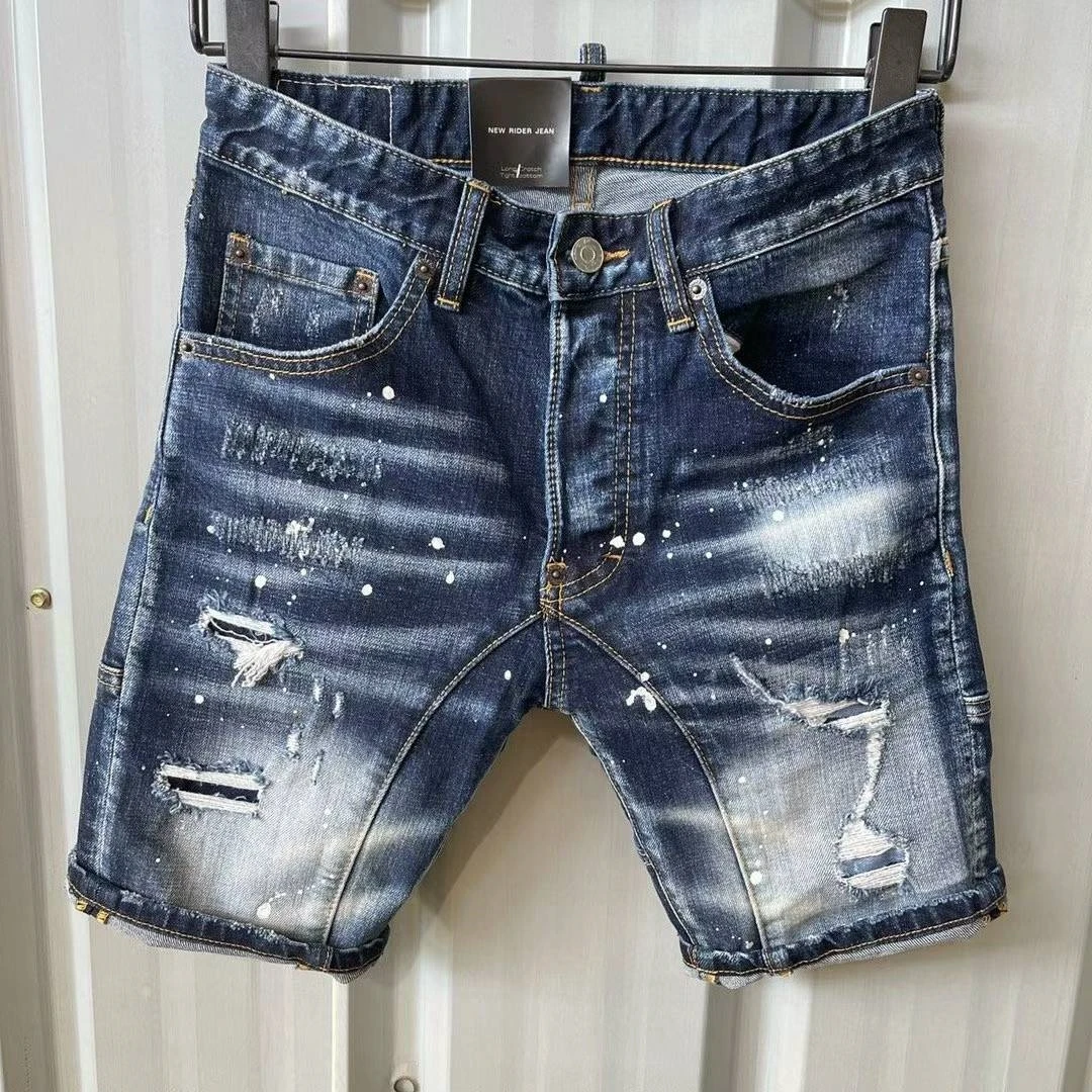 

2023 New Men Splash Ink Scratched Ripped Shorts Hole Fashion Short Jeans Men Stretch Jeans DT091#