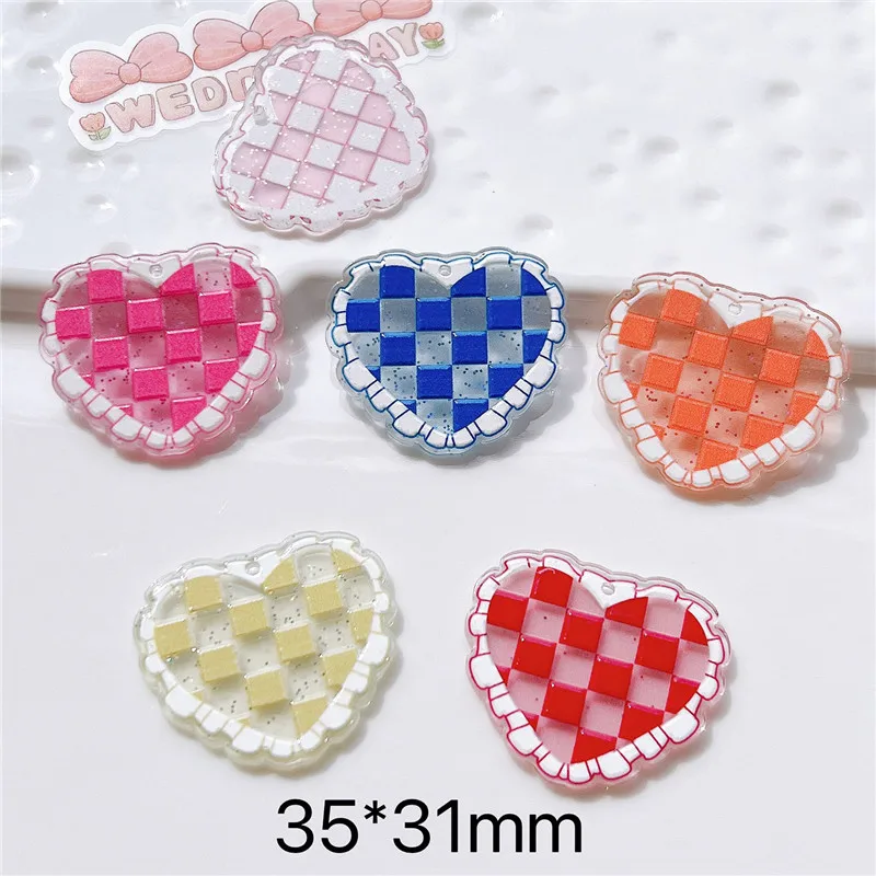 New style 50pcs/lot color grid pattern print cartoon hearts shape acrylic beads diy jewerly earring/garment pendant accessory |