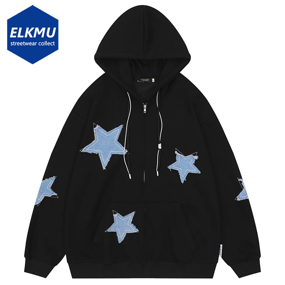 

Men Hip Hop Streetwear Star Patchwork Hoodies Zip-up Hooded Sweatshirt 2023 Harajuku Y2K Oversized Hoodie Black Gray