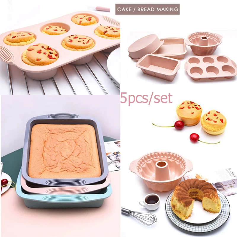 

5 Pcs Cake Tools Set Easy Release Cake Moulds Silicone Baking Molds Round Cake Pan Toast Bread Pan Buntcake Gelatin Molds