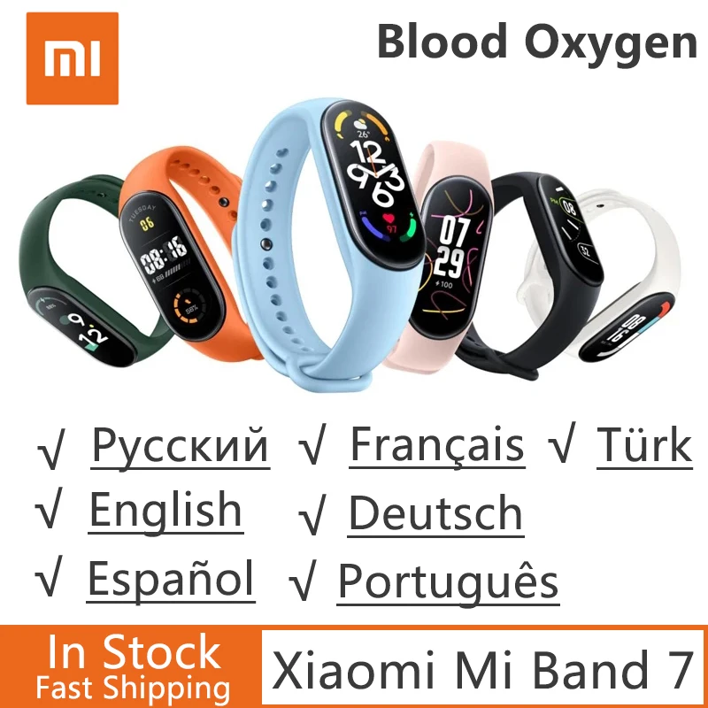 

Смарт-браслет Xiaomi Mi Band 7, водонепроницаемый фитнес-трекер с AMOLED экраном 6 цветов, с функцией измерения кислорода в крови, Bluetooth