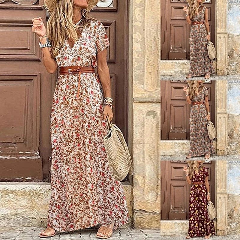 

Summer Boho Long Dress Vintage Paisley Print V Neck Short Sleeve Beach Maxi Dress Ladies Elegant Party Robe Belted Split Dress