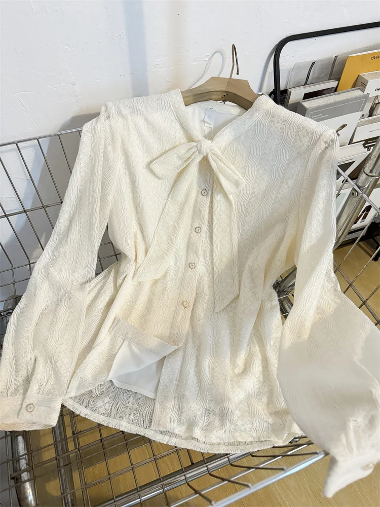 Кружевная рубашка с бантом на шнуровке Рубашки длинными рукавами Женские