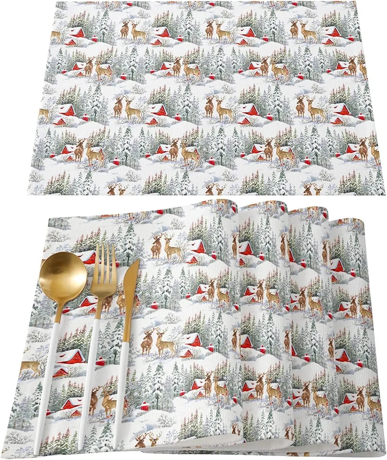 

Christmas Reindeer Snowman Red House Placemats Set of 4 Table Mats Anti Skid Washable Heat Resistant Place Mats Party Kitchen