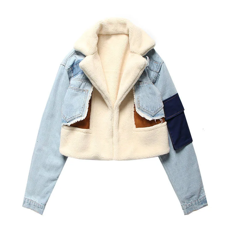 2022 Autumn and Winter Women's European and American Lapel Casual Denim Warm Stitching Short Coat Plus Velvet Cotton Coat