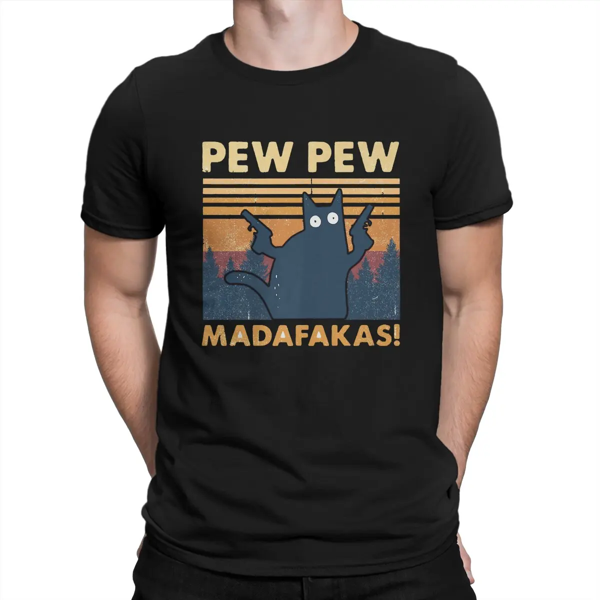 

Vintage Pew Pew Mada-Fakas Crazy T Shirt Men's 100% Cotton Funny T-Shirts Crewneck Cat The Return Of Vampurr Horror Halloween