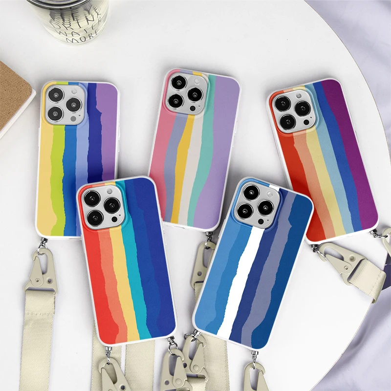 

Роскошный красочный Радужный мягкий чехол для iPhone SE 2020 8 7 6 6S Plus XR XS X 11 12 13 Pro Max Mini 5 5S SE чехол с ремешком через плечо
