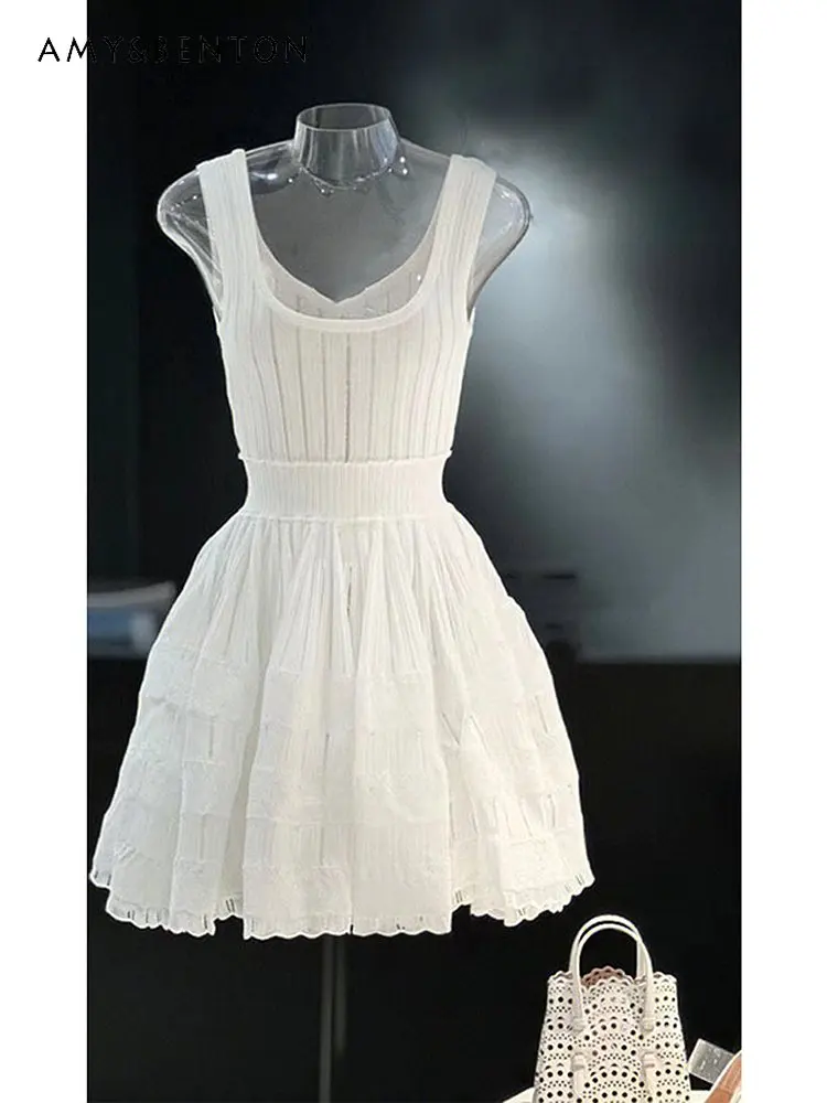 Elegant Short Dress Women's Summer French Style Exquisite Design Sense Niche Sleeveless Vest Stitching White Dress