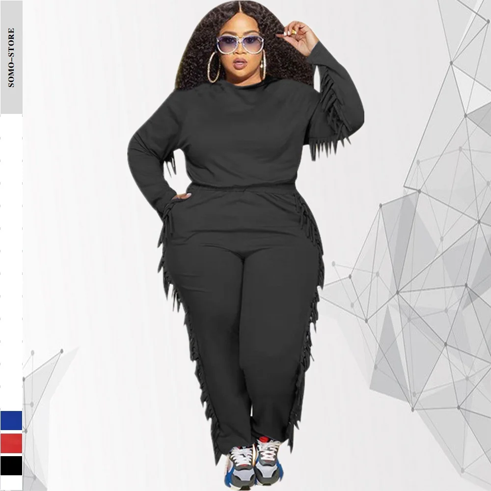 

Женская одежда, Новинка осени 5xl, однотонный топ с длинным рукавом и бахромой и капюшоном, повседневный костюм из двух предметов, оптовая про...
