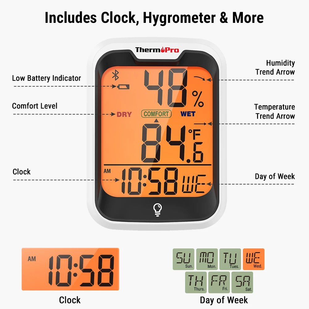 ThermoPro TP358 Backlight Bluetooth-contected APP Digit Weather Station Indoor Thermometer Hygrometer For Home With Clock & Day images - 6