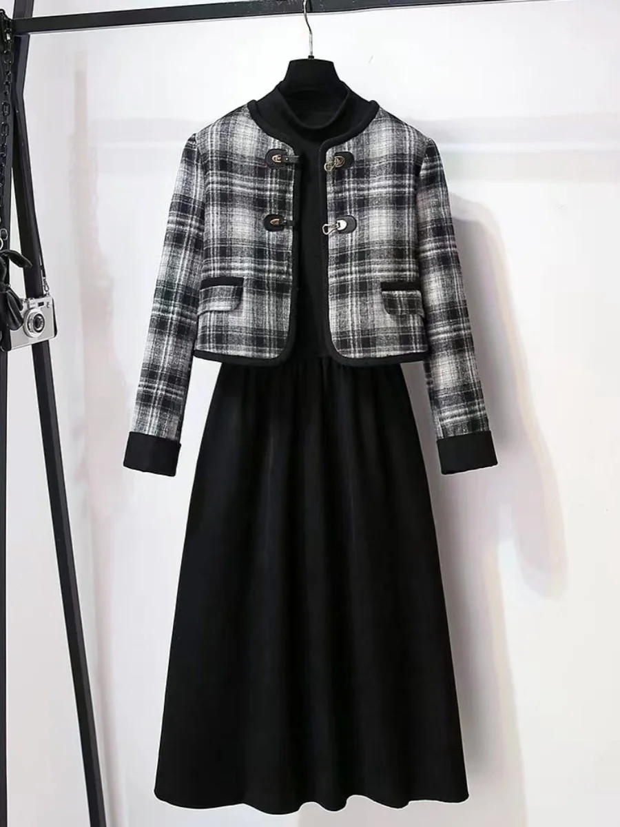 Изящная клетчатая верхняя одежда базовое платье с длинными рукавами комплект из
