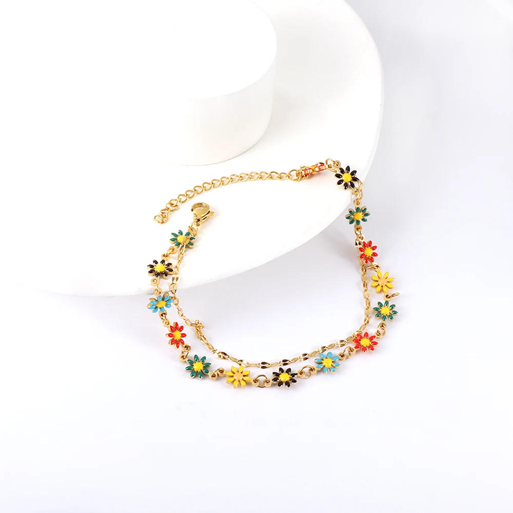 Summer Beach Ankle Bracelets Stainless Steel Double Chain Daisy Flower Charm Ankle foot Chain for Women Girls Jewelry Gifts
