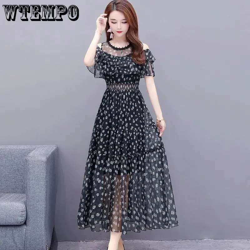 

WTEMPO Chiffon Floral Dress Female Summer sexy Off-shoulder Beach Skirt Over The Knee Long A-line Skirt Slim Dress 2023 New