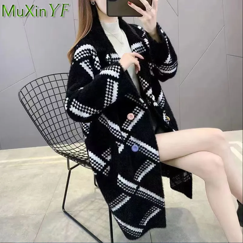 

Autumn Winter Warm Wool Blends Overcoat for Women Korean Fashion Loose Plaid Pocket Jacket Graceful Outerwear Female 2022