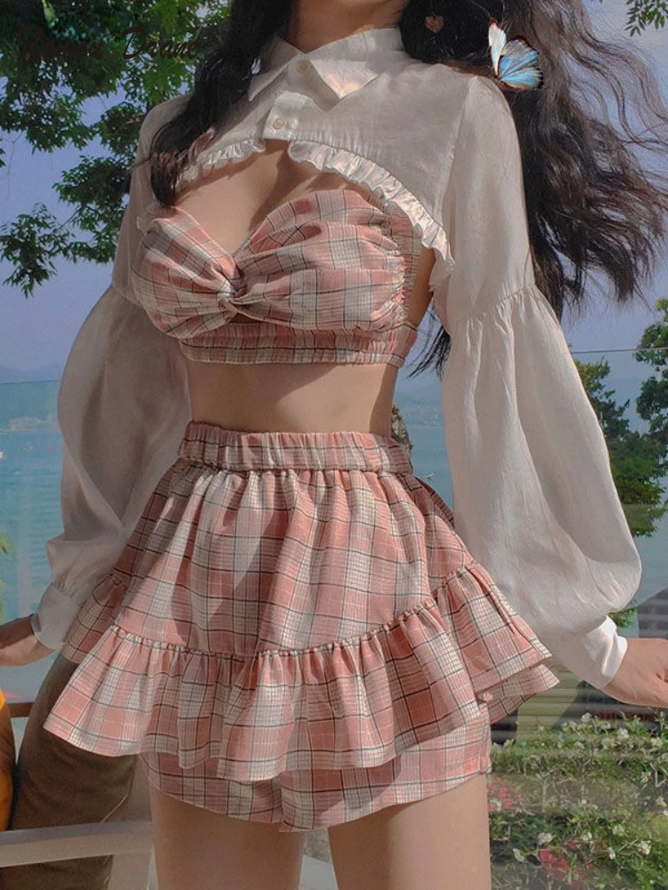 

Korean Summer Fashion Outfit Sexy Short Ruffles Shirt Plaid Bow Suspender Mini High Waist Skirt Vacation Three-Piece Sets