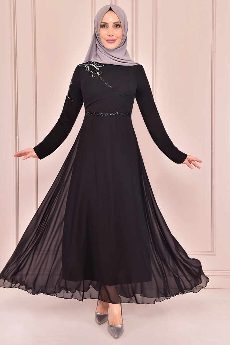 Шифоновое платье с отделкой камней, черный цвет, KBR21356