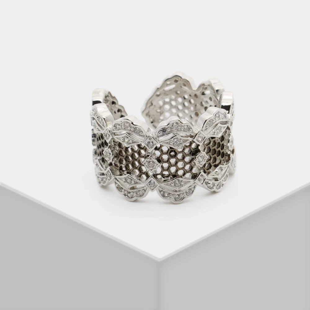 

amorita boutique Italian craft lace hollow-out integral 925 silver plated 18K platinum inlaid zircon adjustable ring