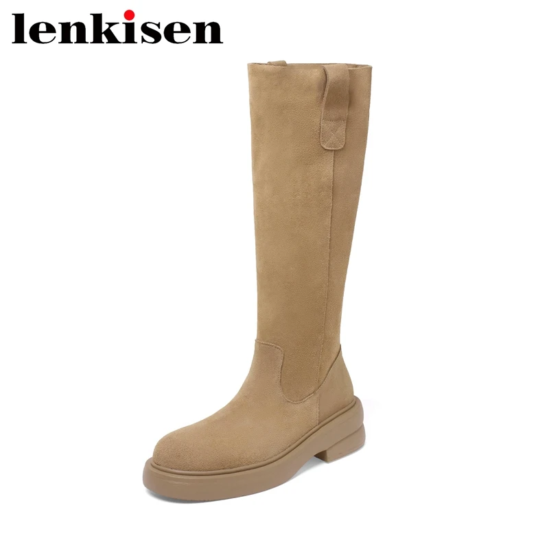 

Lenkisen Cow Suede Round Toe Equestrian Long Boots Med Heels Daily Wear Pleated Thick Bottom Slip on Solid Cozy Thigh High Boots