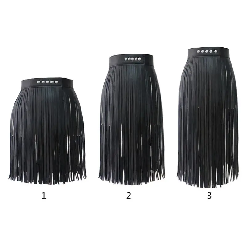 

Women High Waist Faux Leather Fringe Tassels Skirt Body Harness with Snap Buttons Halloween Party Punk Rock Costume Clubwear