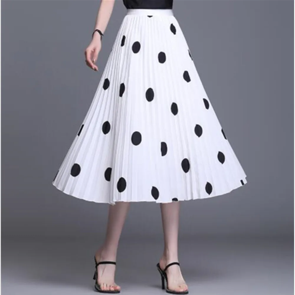 Женская плиссированная юбка-макси в горошек белая черная длинная трапециевидная