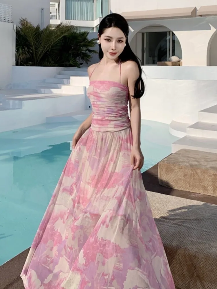 

French Vintage Halter Women Beach Style Pink Long Dress Elegant Floral Print Sleeveless Clothes Female Outfits Vestido Fiesta