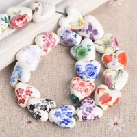 10pcs 14mm heart shape flower patterns ceramic porcelain loose crafts beads lot for jewelry making diy findings
