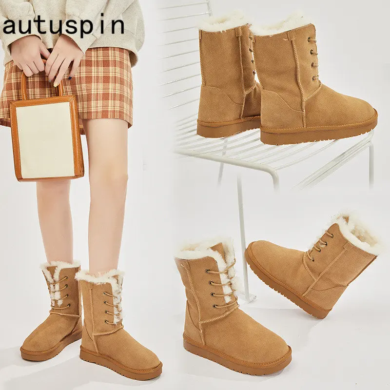

Autuspin Natural Wool Snow Boots Women Fashion Cow Suede Genuine Leather Round Toe Flats Casual Mid-calf Boot Shoes Female 36-40