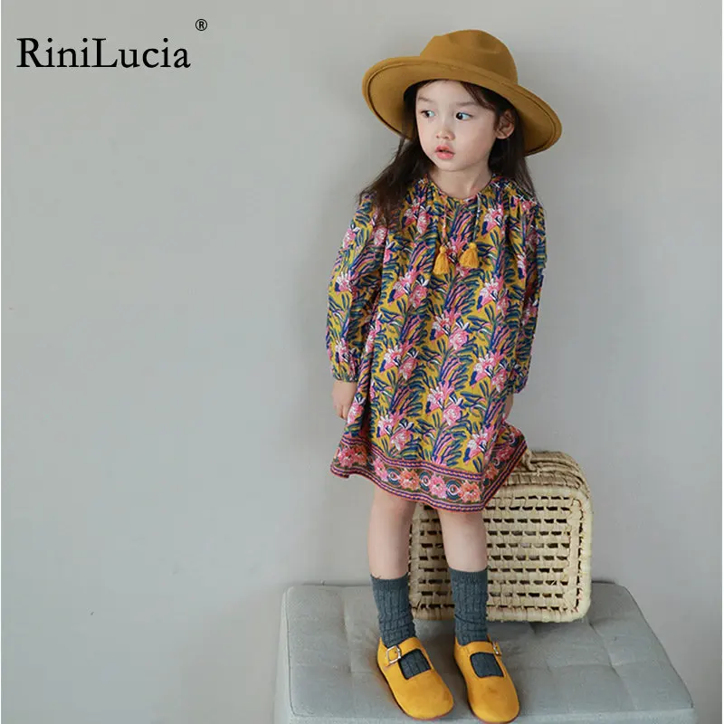 

RiniLucia Baby Girls Dress Casual Floral Clothes Summer 2023 New Korean Cotton Girls Princess Dress Big Turn Down Collar Dress