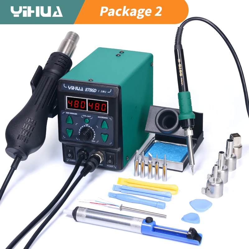 Паяльная станция YIHUA 8786D-I SMD 2 в 1 база с паяльником и термофеном двойным цифровым
